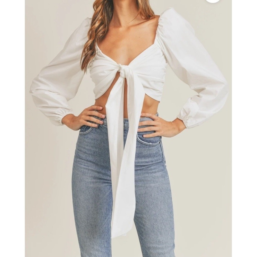 Mable Boho Angel Front Ribbon Self Tie Top Puff Sleeve MED White Cottage Flaw